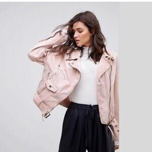 Free People Washed Pink Denim Lace Up Side Moto Jacket Small